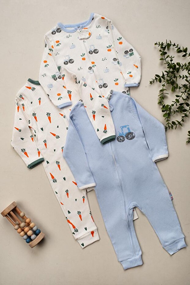 100% Cotton 3-Piece Baby Romper Set with Zipper, Without Booties, Ribbed Long Sleeve Combination