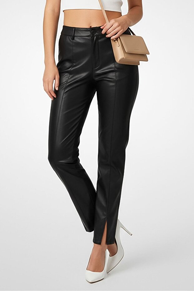 Women Skinny Fit Leather Split Pants, Black