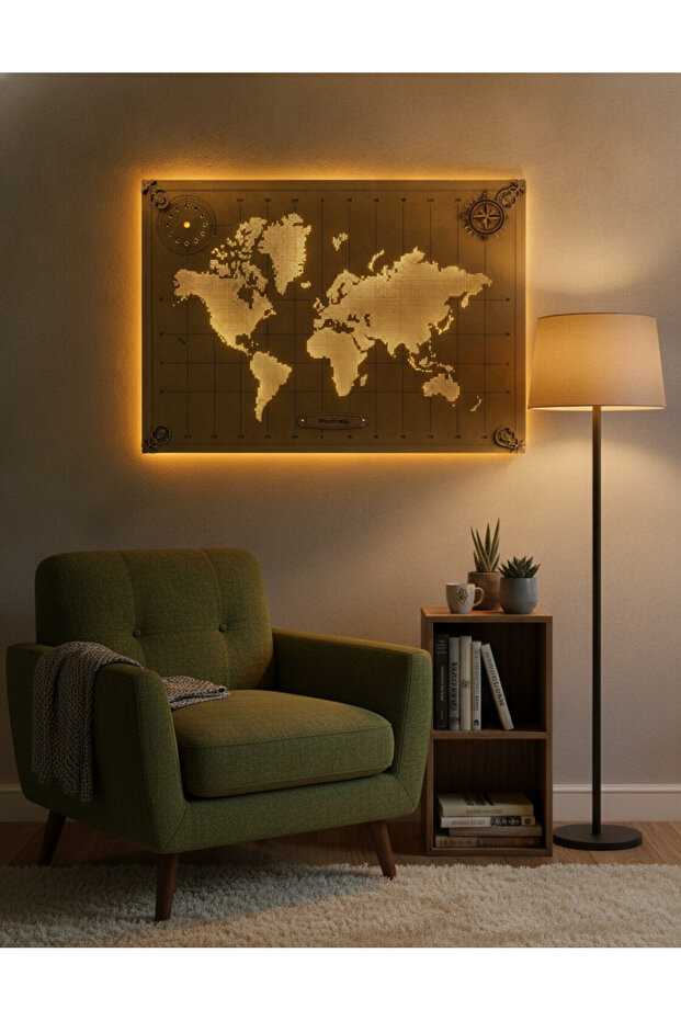 Işıklı Dünya Haritası Tablo LED Duvar Dekoru 45x65 cm - 4