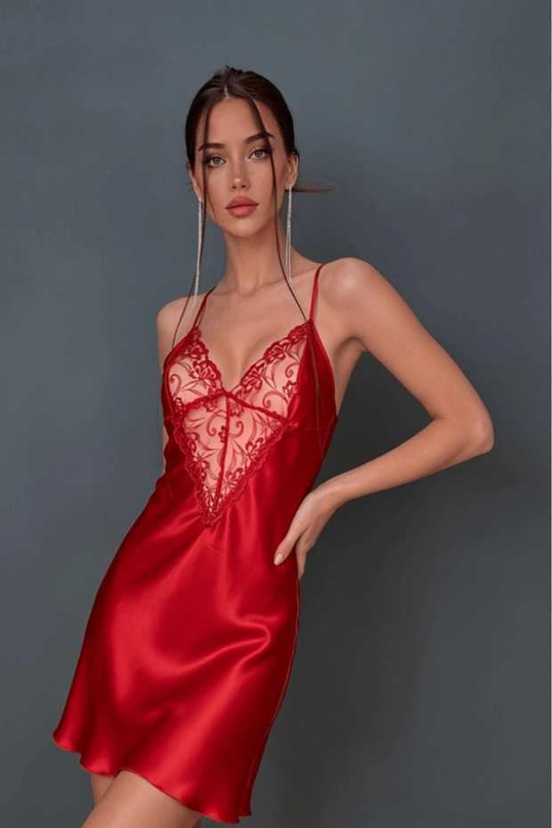 Red Lace Low-Cut Nightgown