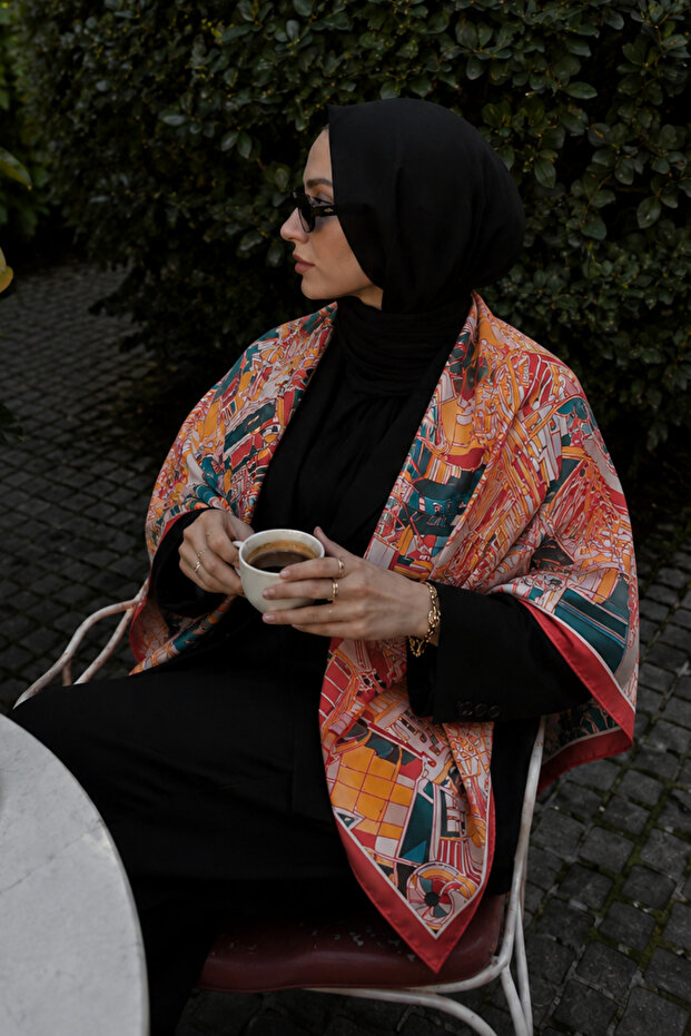 وشاح ناعم بنمط المدينة الحديثة باللون الوردي والبرتقالي مقاس 90x90 سم