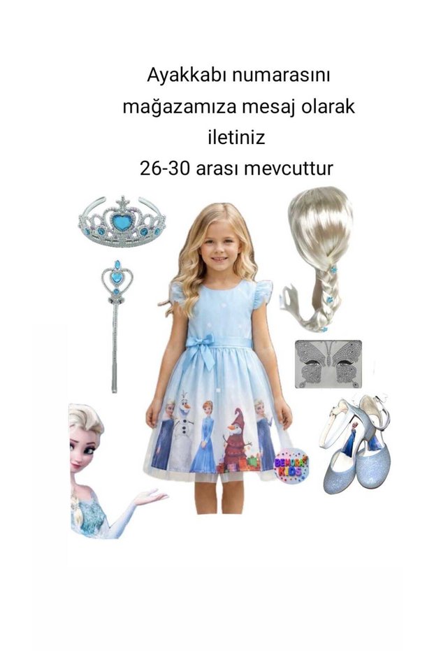 Elsa Anna Frozen Dress Blue Dress Elsa Anna Printed Dress + Elsa Wig Hair + Crown Wand + Face Gem + Elsa High Heels Birthday Party Wedding Invitation Eid Dress Costume