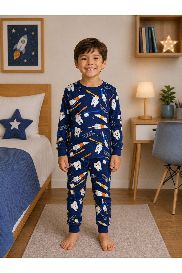 Boy's 100% Cotton Navy Blue Tooth, Brush and Paste Pattern Long Sleeve Winter Pajamas Set