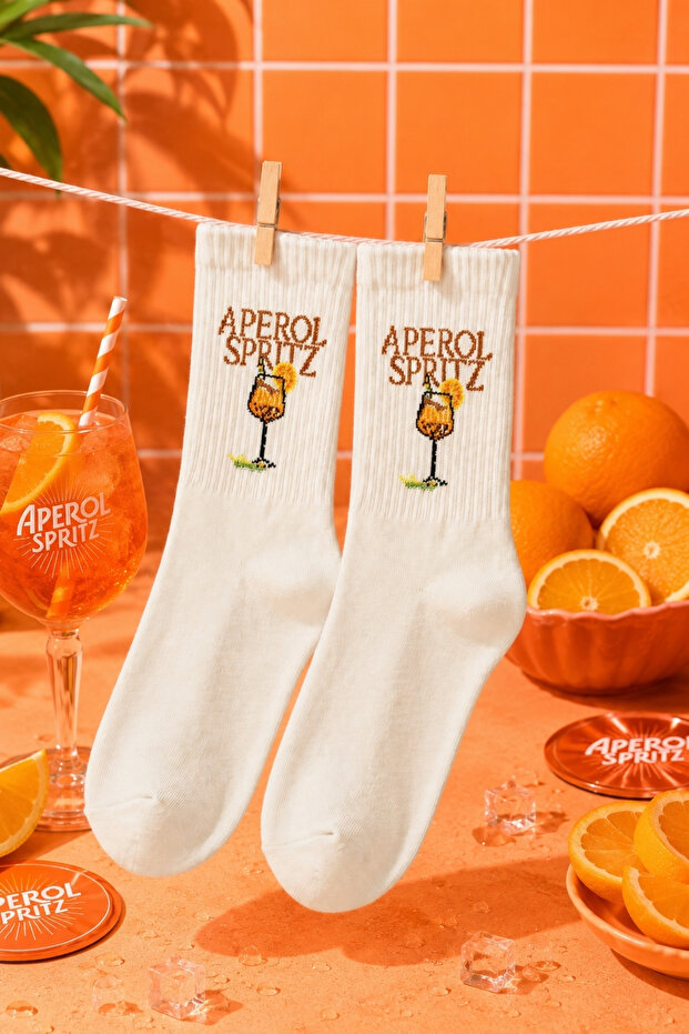 Original Good Vibes Series - Aperol Spritz Cocktail Patterned Special Design 4 Season Cotton College Socks