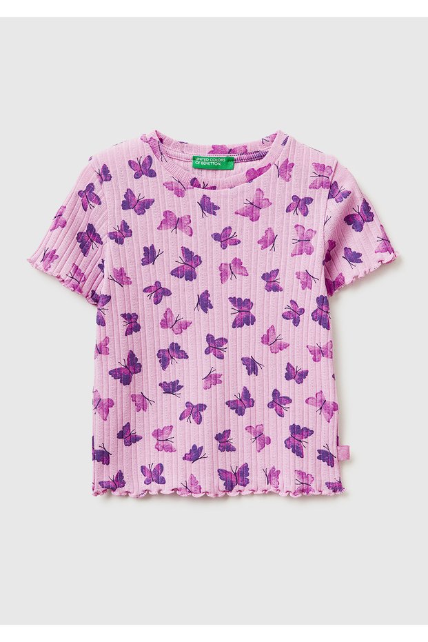 Girl's Lilac Logo Printed Ribbed Crew Neck T-Shirt with Ruffle Detail