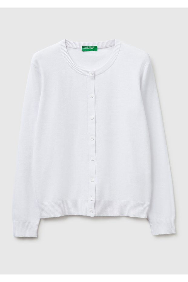Women's white 100% cotton buttoned round neck cardigan