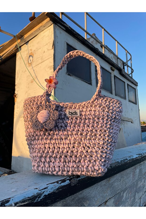 Byds Marshmellow Hand Knitted Mini Tote Bag Powder Pink and Gravel