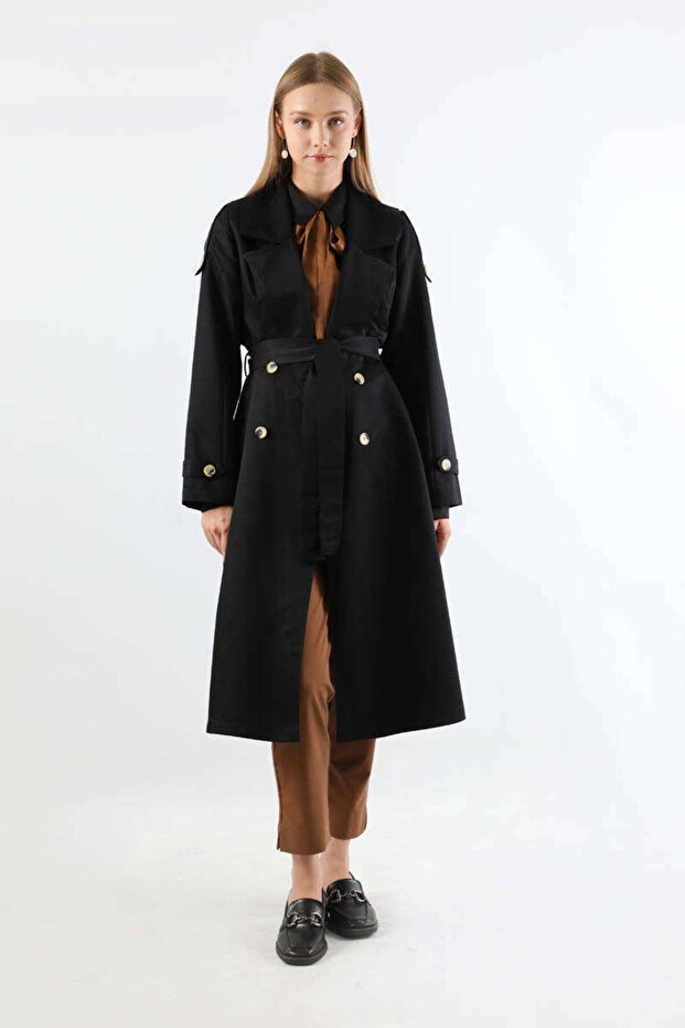 Asymmetrical Windbreaker Buttoned Trench Coat Black