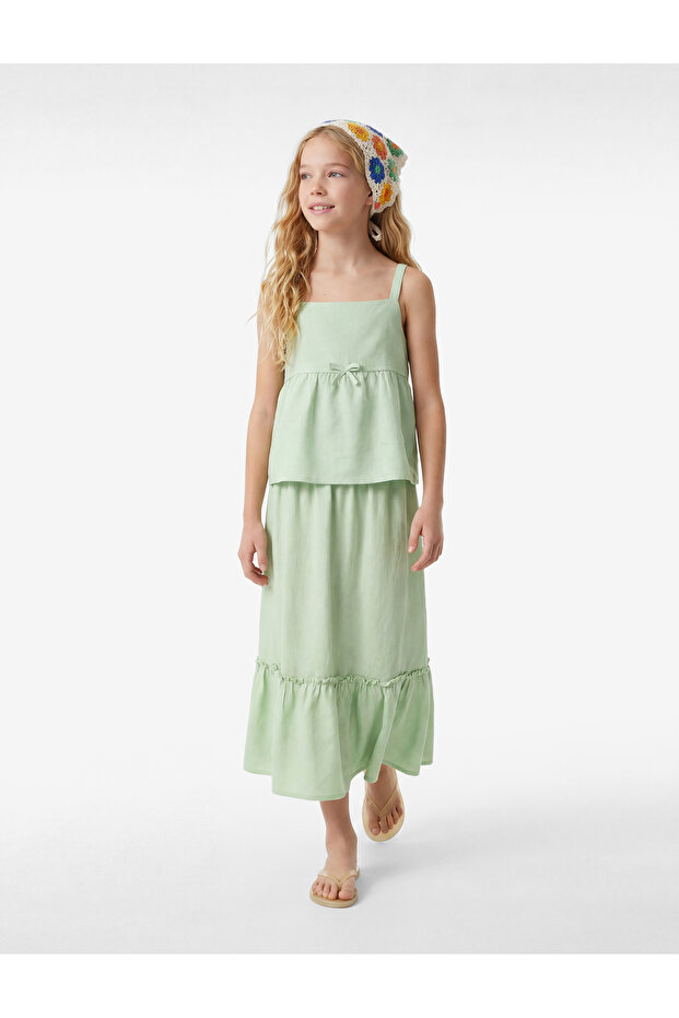 Square Neckline Linen and Viscose Blend Blouse with Bow Detail and Straps
