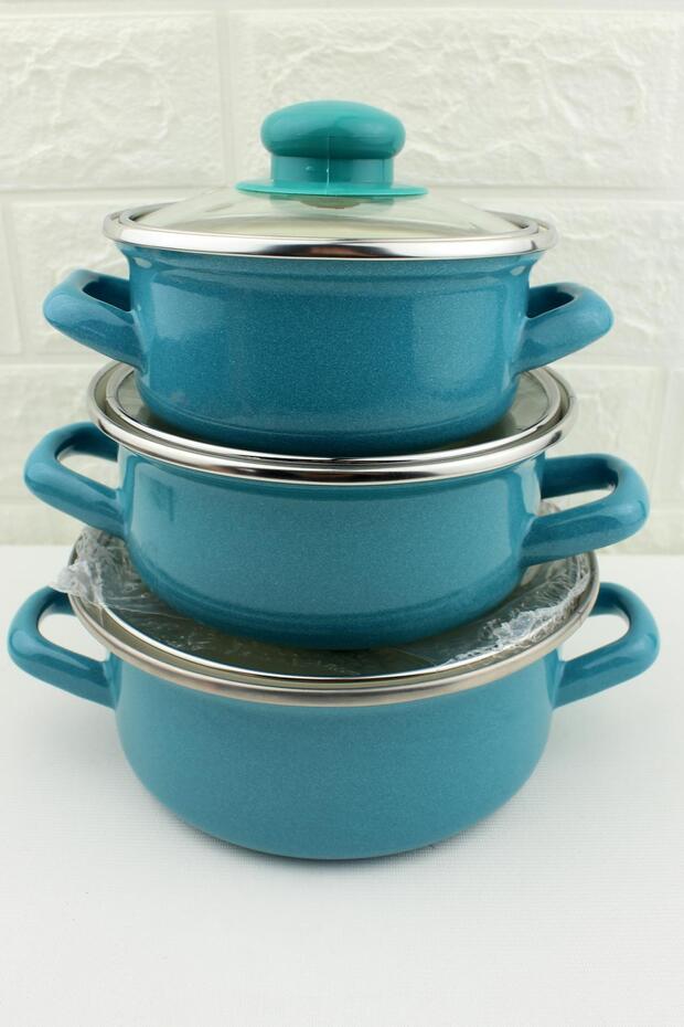 3-Piece Luxury Enamel Mini Cookware Set Turquoise 12/14/16cm