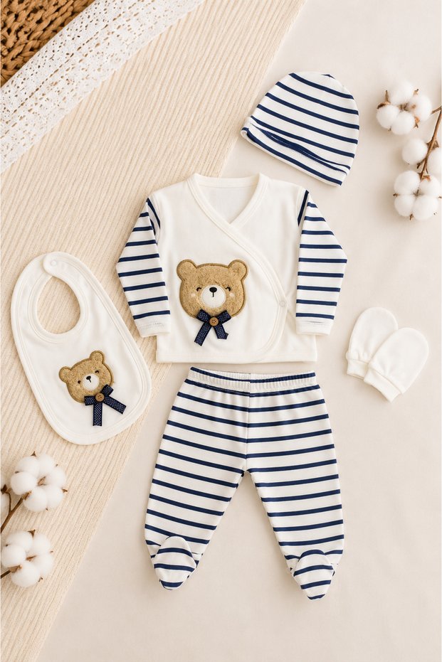 New Season Boxed 5-Piece Hospital Discharge Set with Teddy Bear Baby Boy Newborn Outfit
