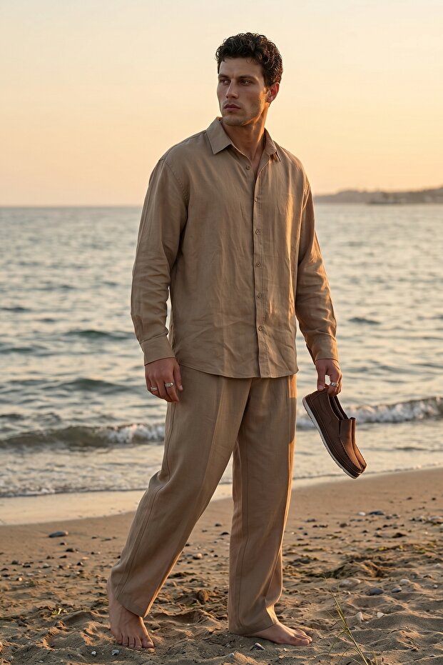 Noda 100% Cotton Oversize Men's Beige Modal Double Suit Shirt and Pants