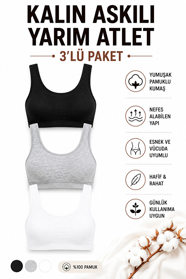 Women's Thick Strap Half Tank Tops with Pads, Pack of 3, Cotton, Flexible and Comfortable