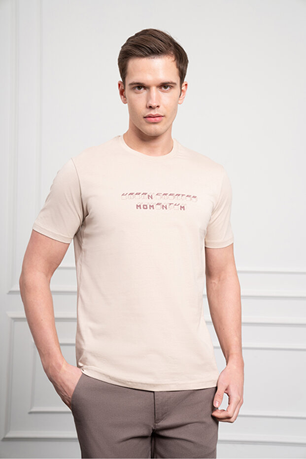 Men's Beige Trend Crew Neck Dynamic Fit Cotton T-Shirt