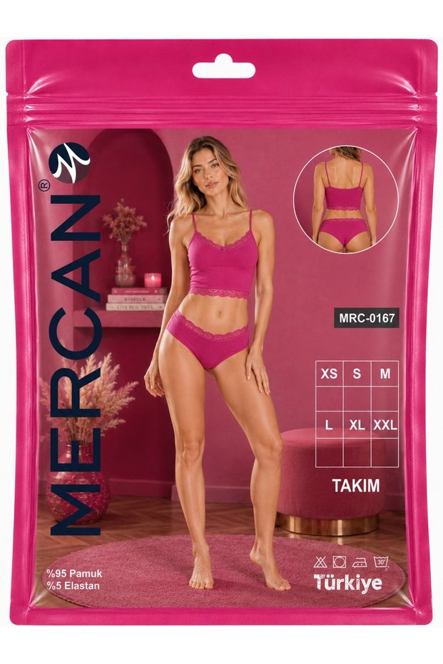 Women's Lace Detailed Fuchsia Crop Top and Bottom Set (Tank Top + Slip)