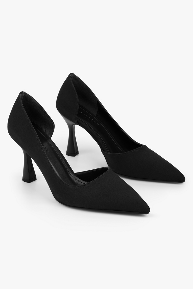 Women's Lucas Black Leather Asymmetrical Cut Heeled Shoes Stiletto