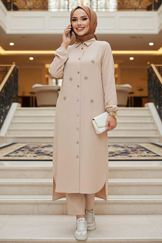 Beaded Detailed Beige Modest Two-Piece Set 12082BEJ