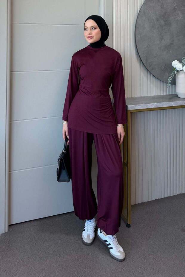 Hünkar Gathered Combed Cotton Suit Burgundy