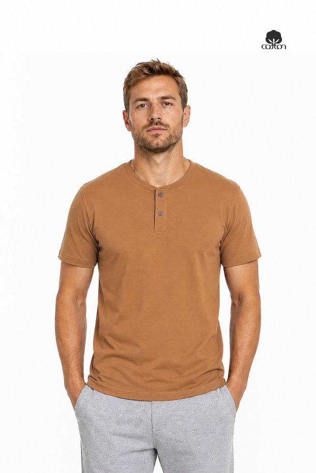 Men's Henley Regular Fit Buttoned Patchwork Combed Cotton T-Shirt Taba