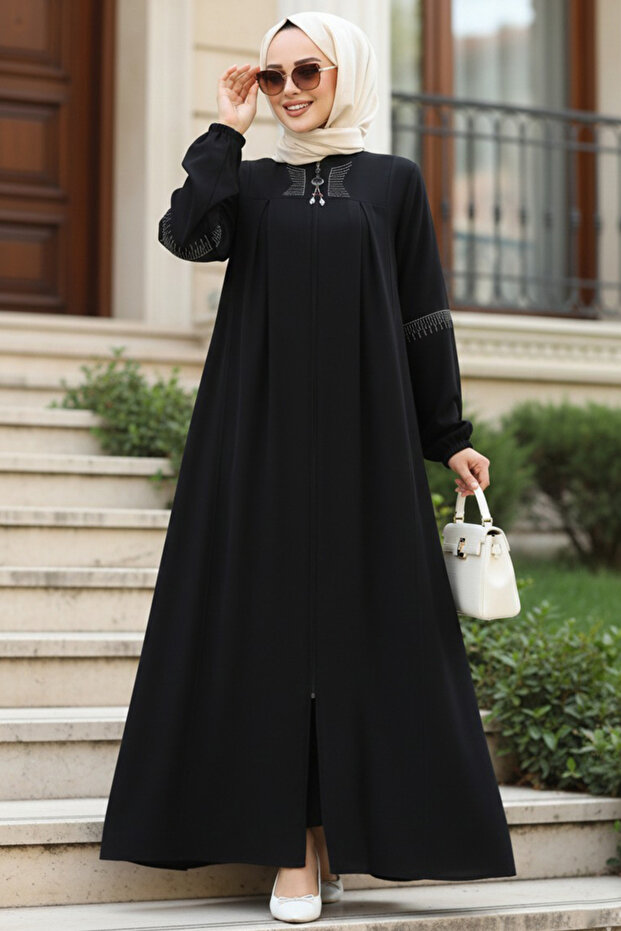 Black Zippered Modest Abaya 45299S