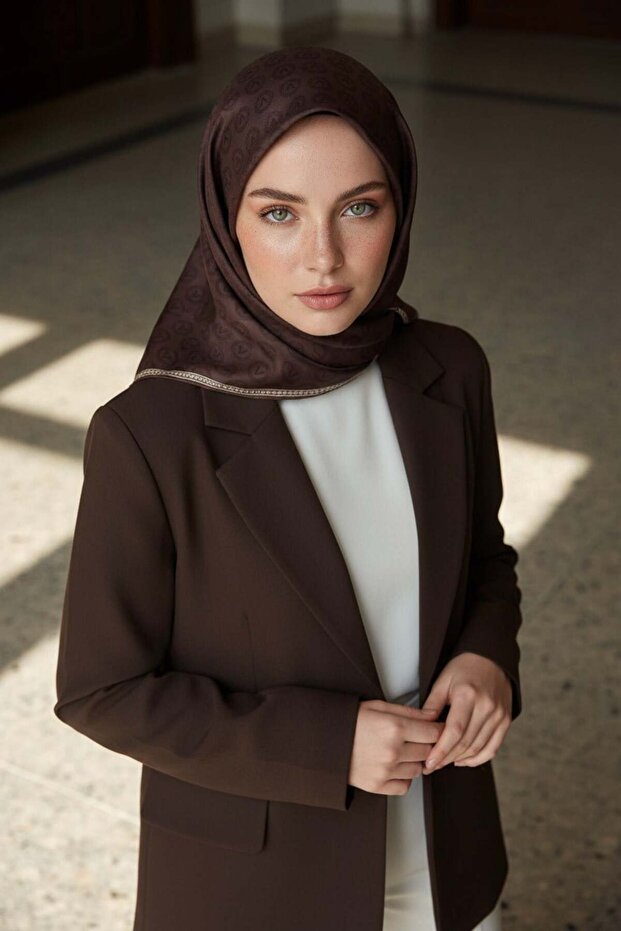 100% twill silk monogram patterned brown color 90x90 scarf sewing method: hand stitching