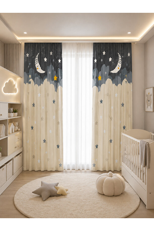 Starry Cute Moon Double Winged Children's Room Background Curtain