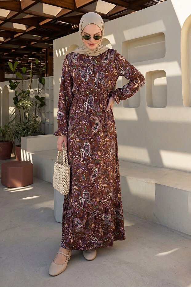 Shawl Pattern Woven Hijab Dress - Brown
