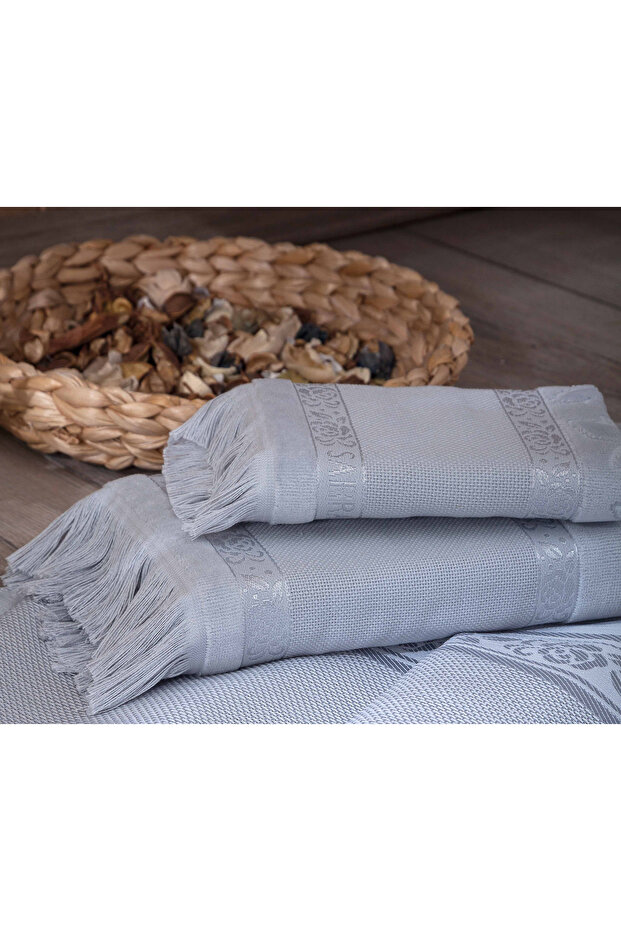 2-Piece SARRA ETAMIN FRINGED TOWEL SET (30x50-50x90 cm) - GRAY