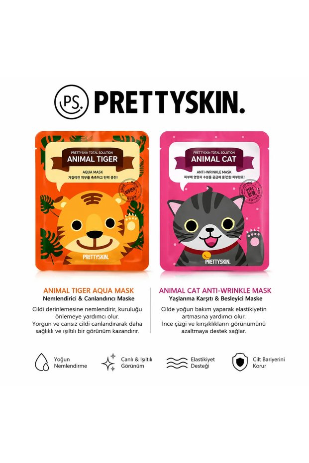 Prettyskin Animal Tiger Aqua Mask & Animal Cat Anti-Wrinkle Mask Set of 6 25g