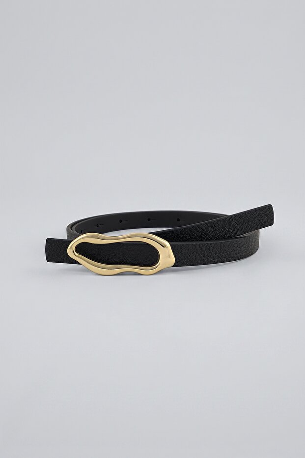 Soyut Elips Gold Buckle Black Thin Women's Belt 1.5 cm