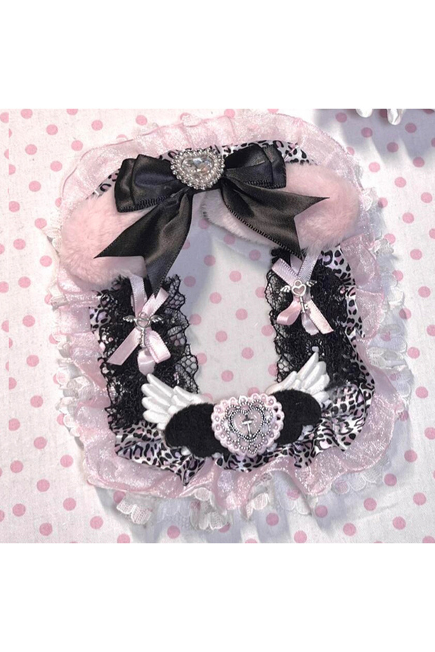 black Handmade 3 Inch PVC Photocard Holder Pink Black Leopard Lace Bow Plush KPOP Polaroid Anime Pho