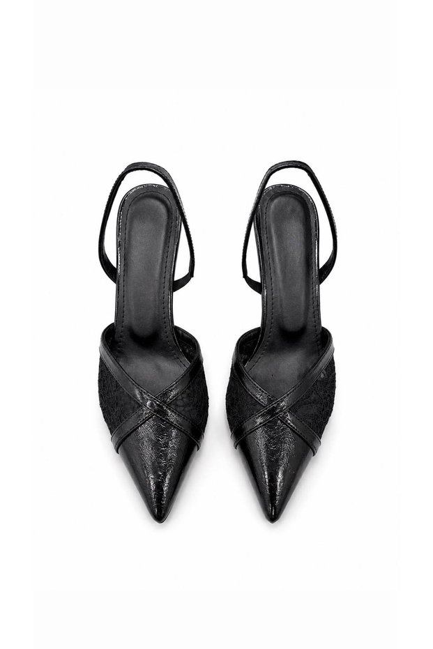 Desira Black Women's Heeled Lace Detail Wrinkled Leather Heeled Shoes