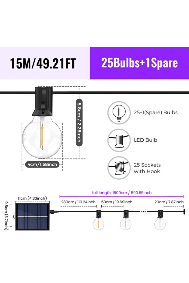 15m 25 bulbs Solar String Outdoor G40 Patio Lights & Remote, USB Recharger, 8 Light Modes, Shatterpr