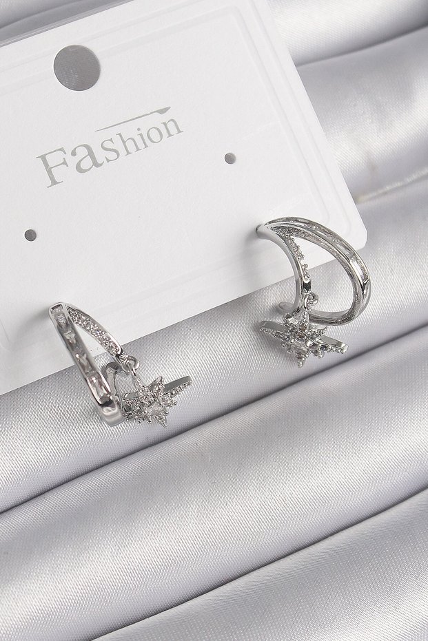 Brass Silver Color Zircon Stone Hoop Model Dangle Star Detail Women's Earrings