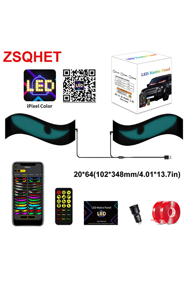 2pcs 20x64LED Set LED Flexible Screen Car Sign for Truck Eyes RGB LED Matrix Pixel Panel Car Sign An
