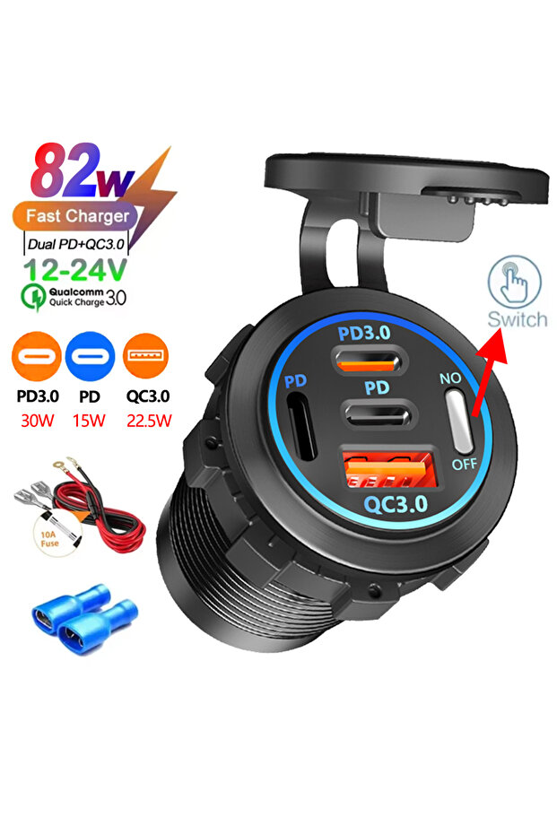 شاحن سيارة USB بـ 3 منافذ PD و1 منفذ QC 3.0 مع فولتميتر ومقبس طاقة ومحول