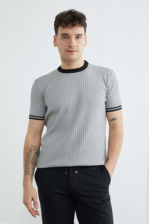 Corded Fabric Piped Crew Neck Knitwear T-Shirt