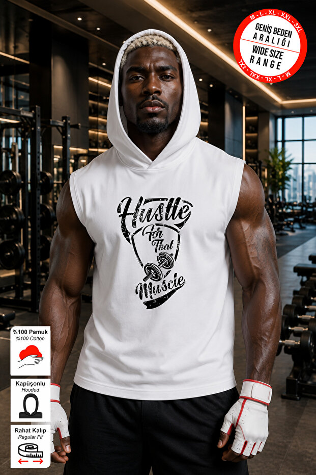Men's Hustle Printed White Hooded Cotton Tank Top Sleeveless Athlete Tshirt