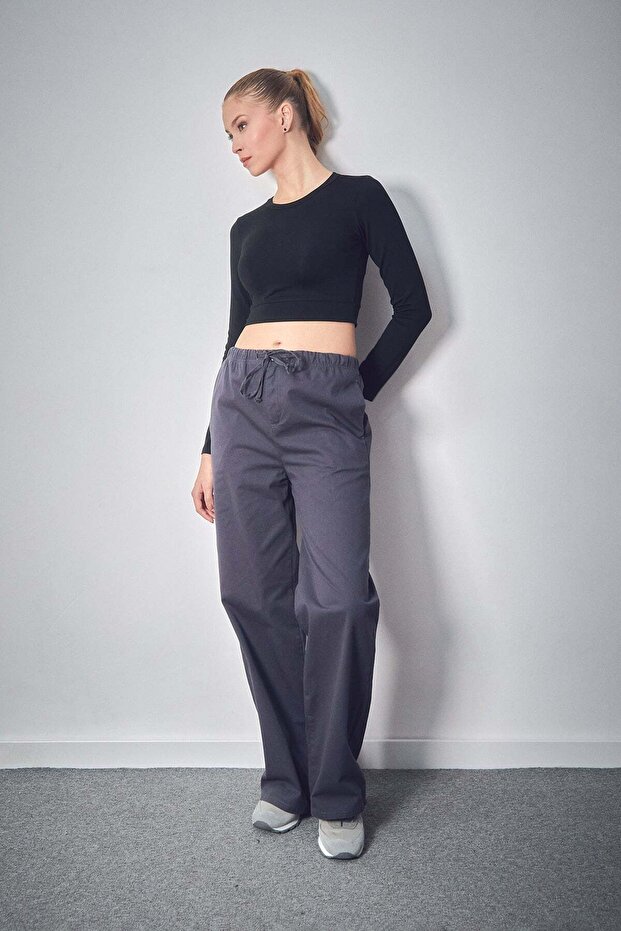 Gabardine Palazzo Trousers with Elastic Waist Pockets