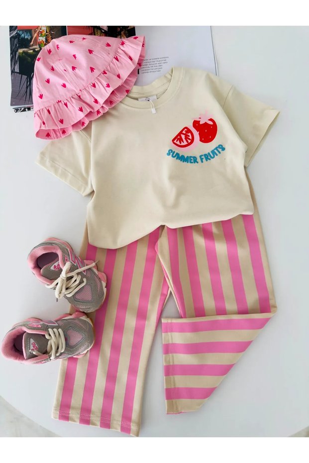 Miniğimin Cicileri Summer Fruits Printed T-Shirt Striped Girls' Set - Pink