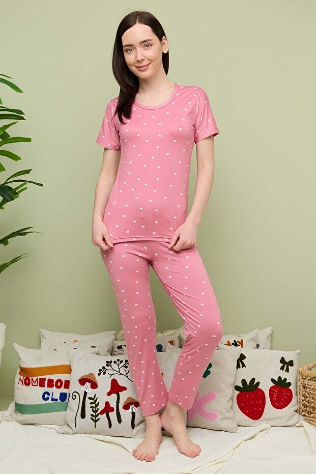 Heart Patterned Crew Neck Short Sleeve Pajama Set