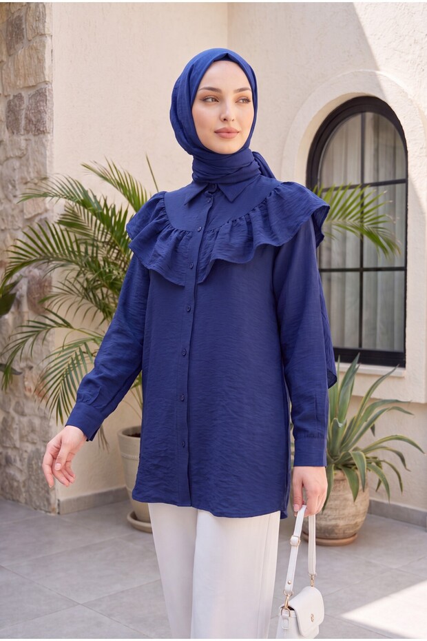 Robadan Ruffled Buttoned Rayon Tunic - Dark Blue