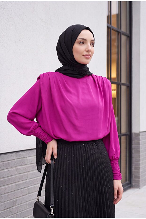 Sleeve Drawstring Blouse with Padded Shoulders -Pink