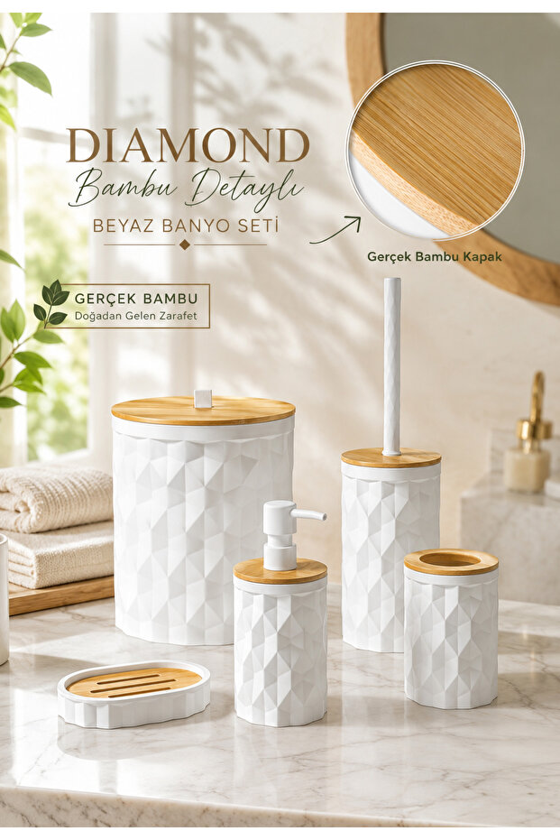 Hgy Home Real Bamboo Detailed Off-White Diamond 5-Piece Bathroom Set