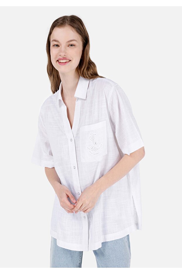 Relax Fit Shirt Neck Plain Women's White Short Sleeve Shirt