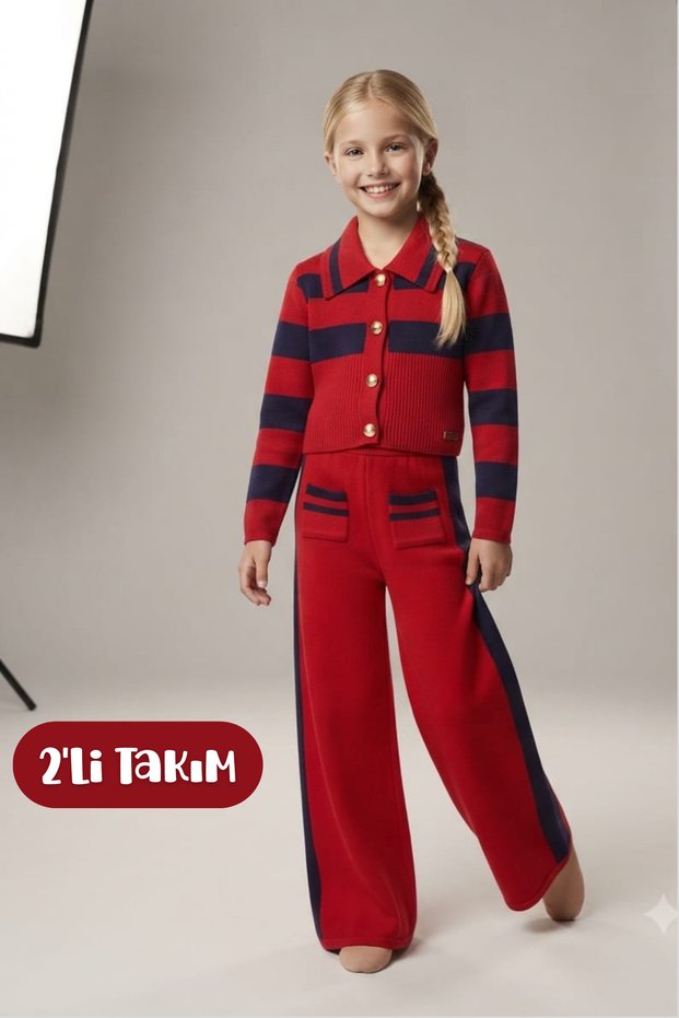 Girl's Striped Gold Buttoned Knitwear Cardigan Pocket Trousers Set of 2