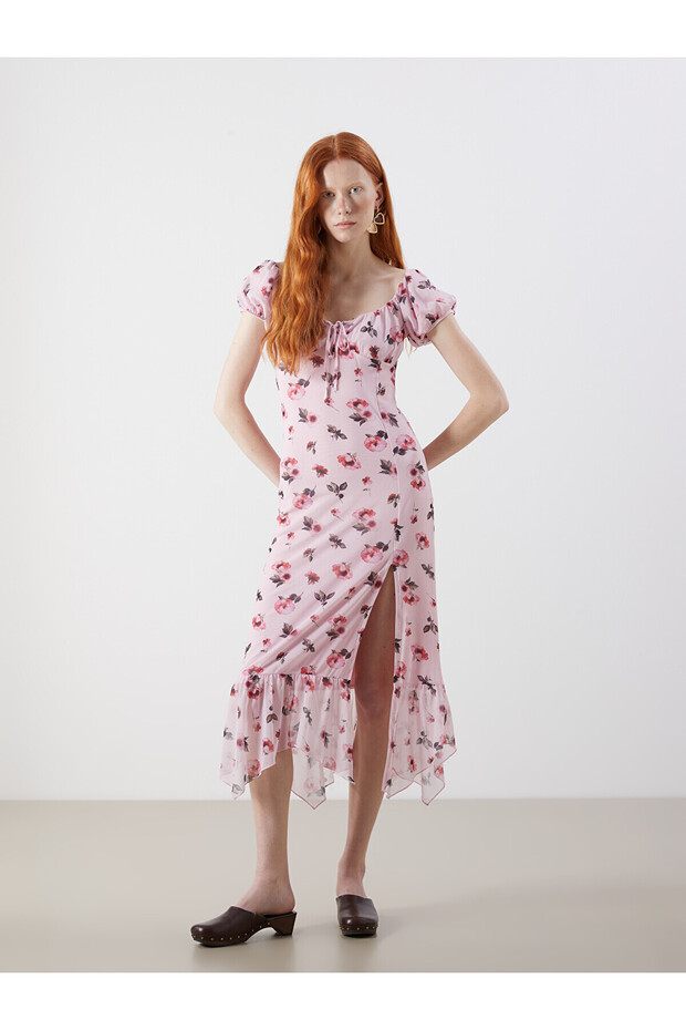 Tie Collar Floral Bodycon Dress