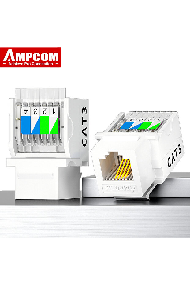 مقبس هاتف كيستون أبيض AMPCOM CAT3 بدون أدوات تركيب، وحدة توصيل هاتف RJ11/RJ12