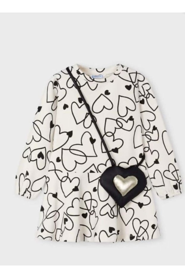 Girl's Heart Print Fleece Dress 2-10 Years Ecru