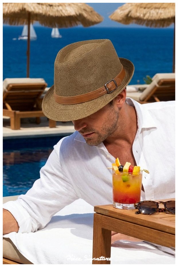 Mj Sporty Striped Straw Trilby Hat - Casual and Vacation Hat (58-59 Cm, Women/Men)